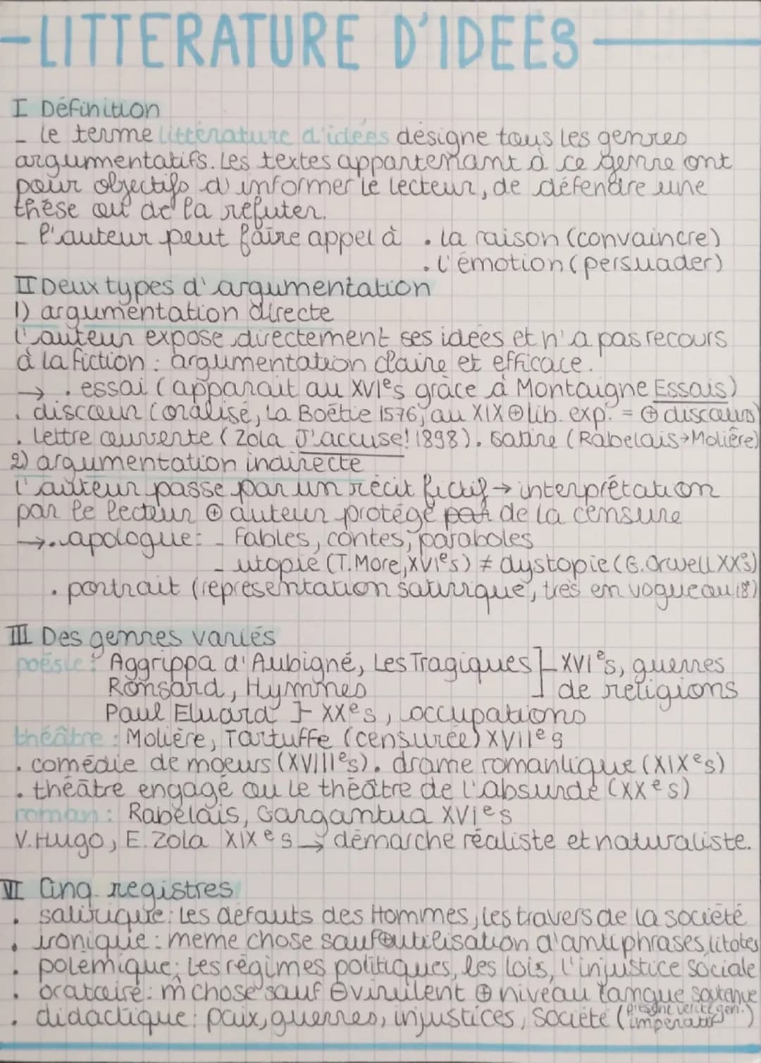 -LITTERATURE D'IDEES
I Définition
le terme littérature d'idées désigne tous les genres
argumentatifs. Les textes appartenant à ce genre ont
