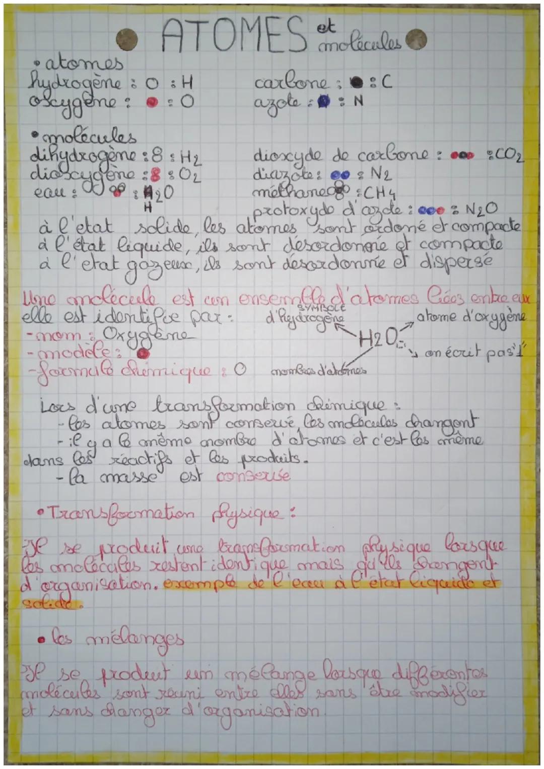 ATOMES molecules
carbone ; : C
azote :
N
0
atomes
hydrogène : 0 : H
oscygène :
:0
• molécules
dihydrogène : 8 = H₂
dio scygène : 8 $0₂
20:20