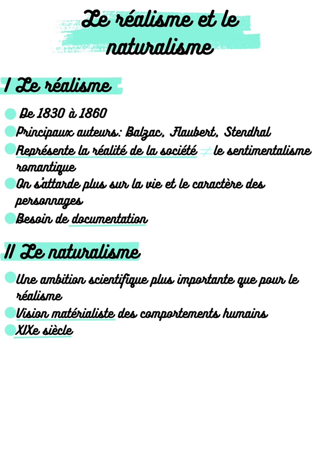 Le réalisme et le
naturalisme
1 Le réalisme
De 1830 à 1860
Principaux auteurs: Balzac, Flaubert, Stendhal
Représente la réalité de la sociét