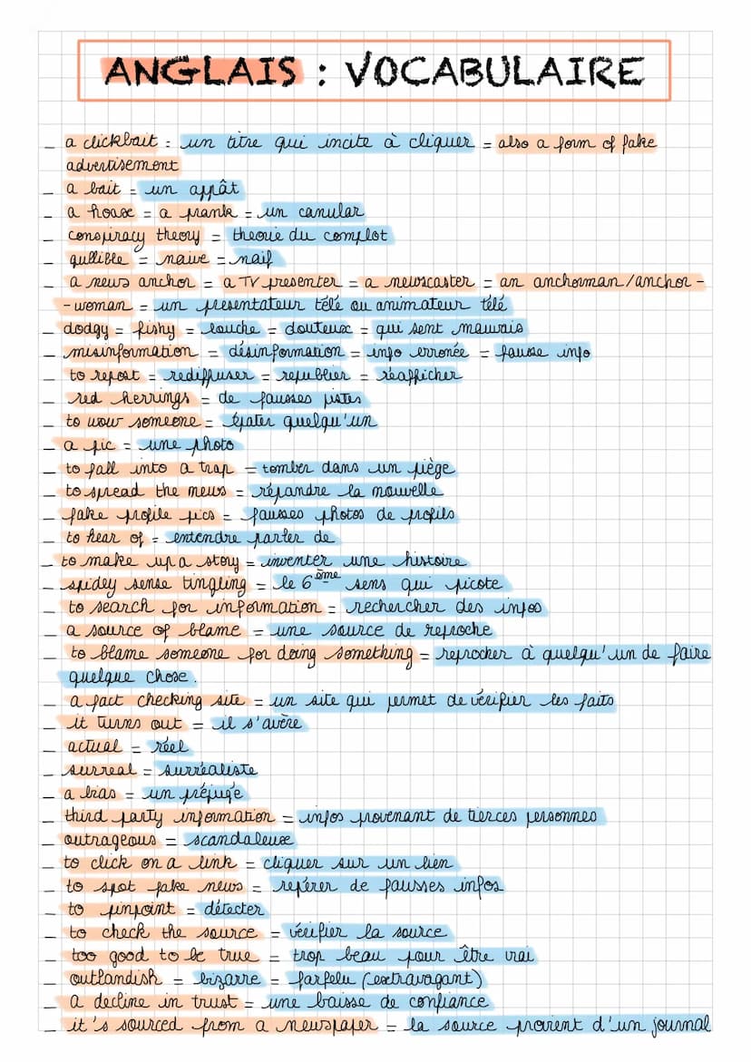 -
ANGLAIS : VOCABULAIRE
a
clickbait
advertisement
a bait- un appât
a hoax = a prank = un canular
theorie du complot
- un titre qui incite à 