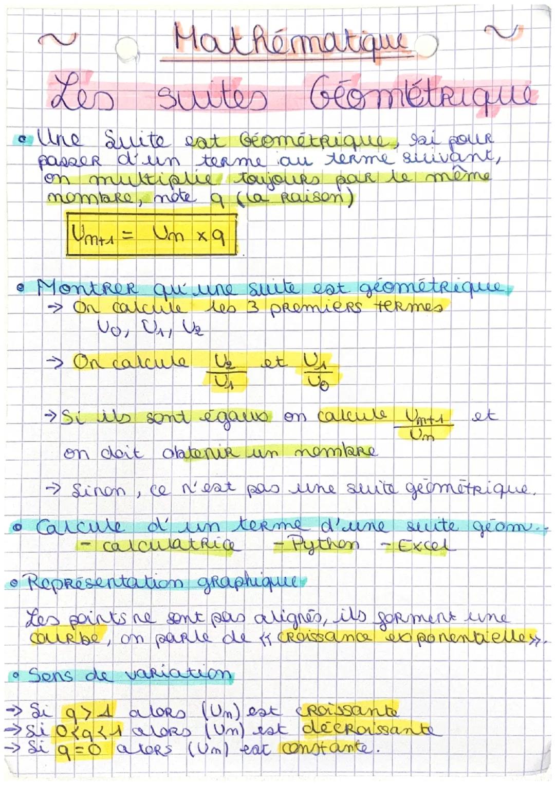 ~ 
Mathématique
Les suites Géométrique
• Une Suite eat Géométrique, sai pour
passer d'un terme au terme suivant,
on multiplie toujours par l