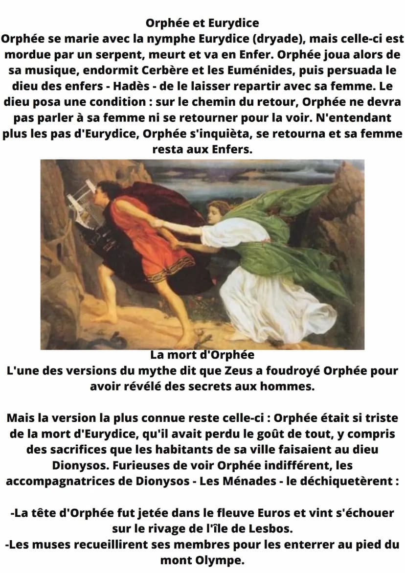 Orphée
Orphée l'aède
Orphée est le fils du roi Oeagre et de la muse Calliope.
C'est un aède, un poète capable de charmer les animaux
et d'ém