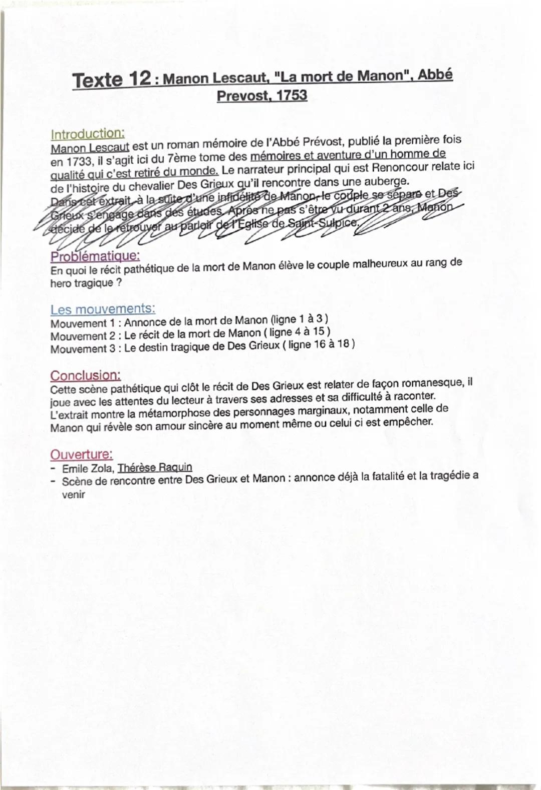 Texte 12: Manon Lescaut, "La mort de Manon", Abbé
Prevost, 1753
Introduction:
Manon Lescaut est un roman mémoire de l'Abbé Prévost, publié l