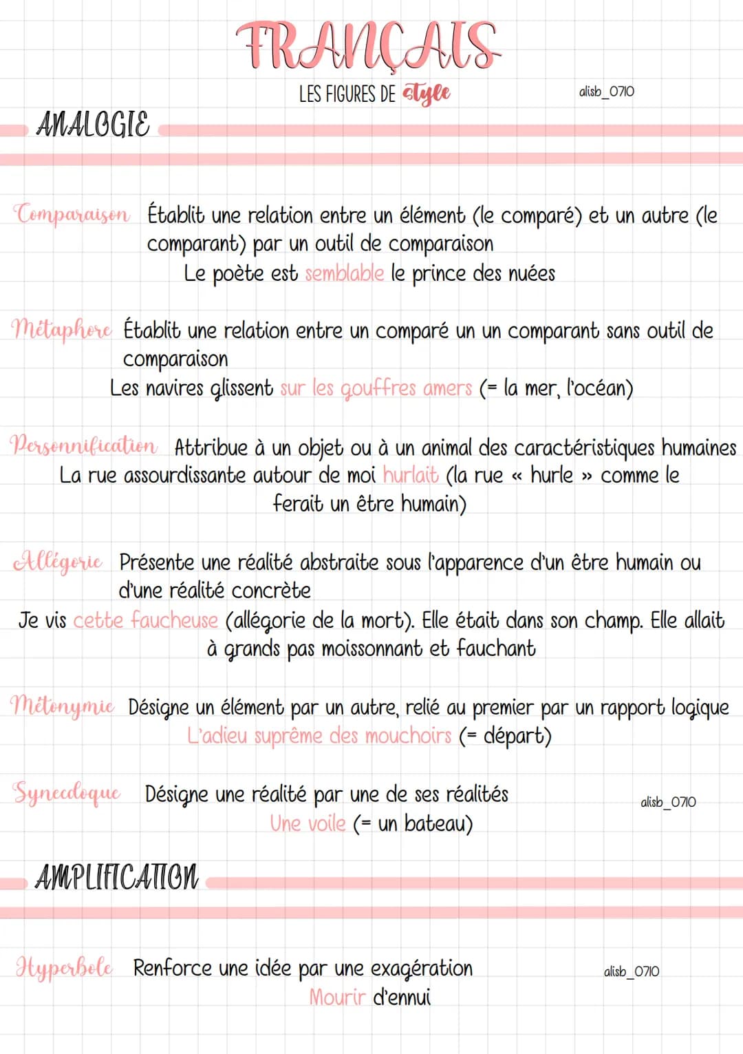 ANALOGIE
FRANÇAIS
LES FIGURES DE style
Comparaison Établit une relation entre un élément (le comparé) et un autre (le
comparant) par un outi