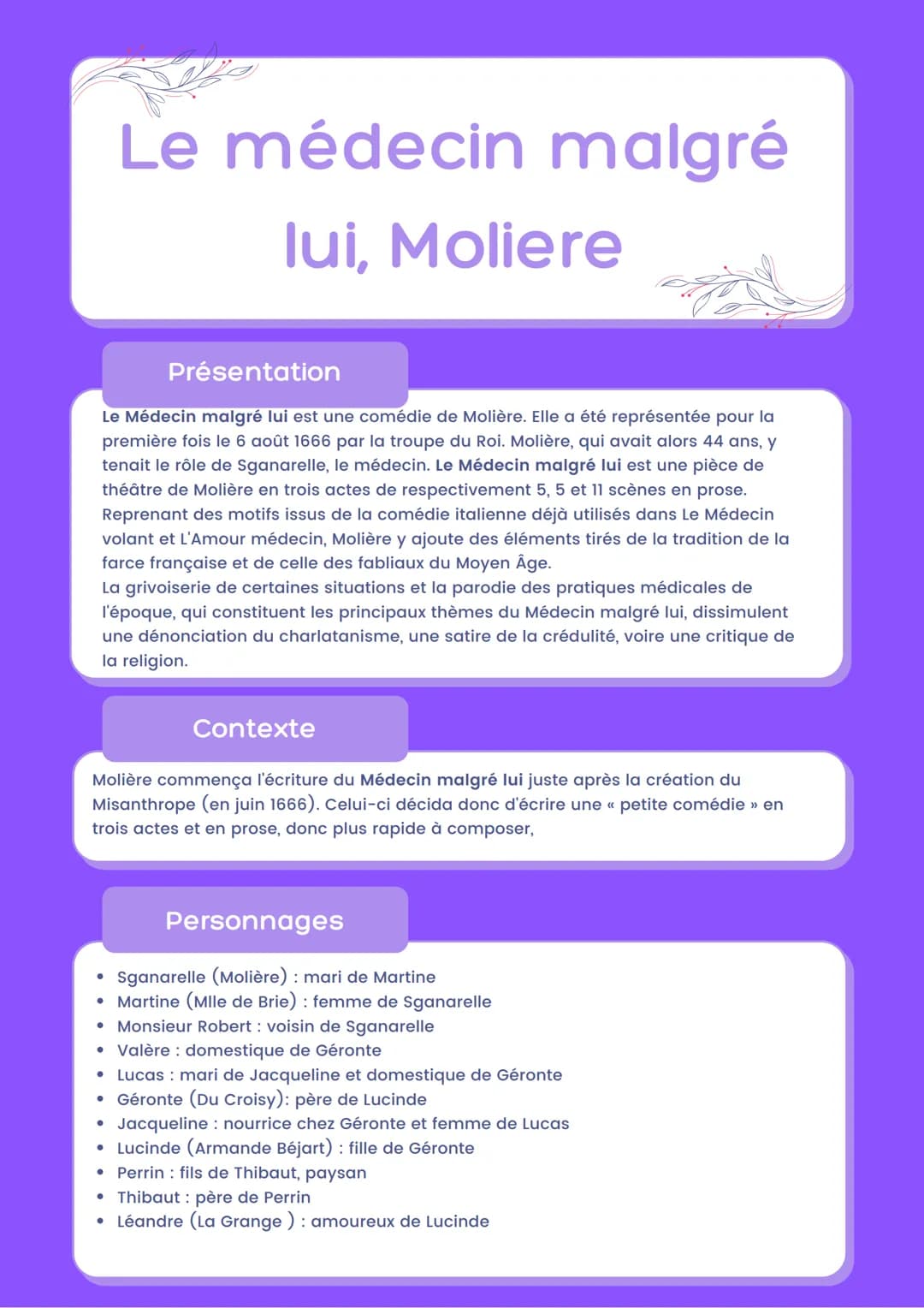 Le médecin malgré
lui, Moliere
Présentation
Le Médecin malgré lui est une comédie de Molière. Elle a été représentée pour la
première fois l