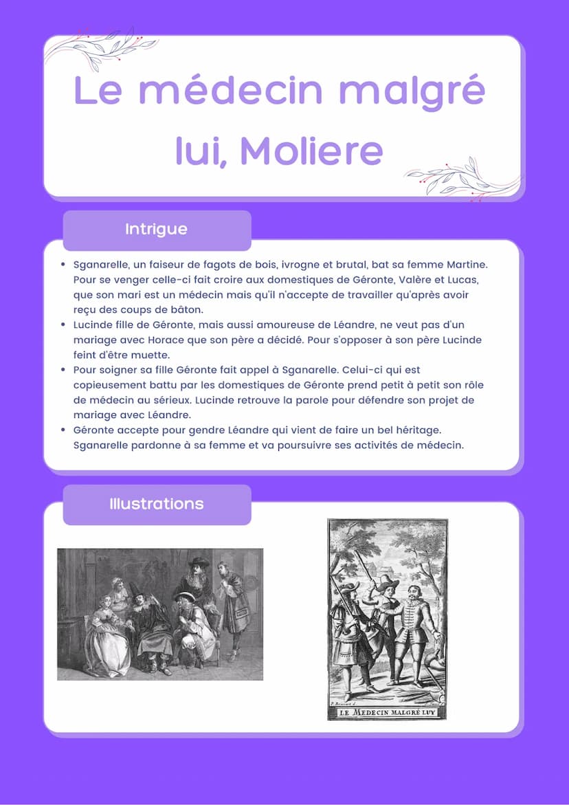 Le médecin malgré
lui, Moliere
Présentation
Le Médecin malgré lui est une comédie de Molière. Elle a été représentée pour la
première fois l