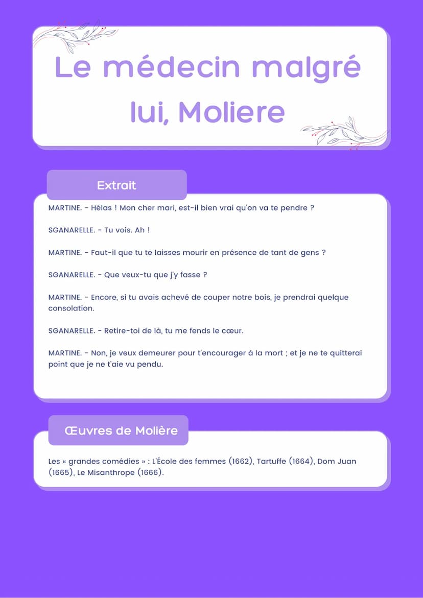 Le médecin malgré
lui, Moliere
Présentation
Le Médecin malgré lui est une comédie de Molière. Elle a été représentée pour la
première fois l