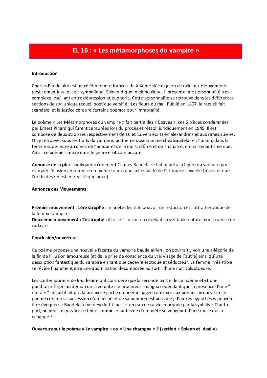 Les Métamorphoses du vampire PDF : Analyse linéaire et texte de Baudelaire