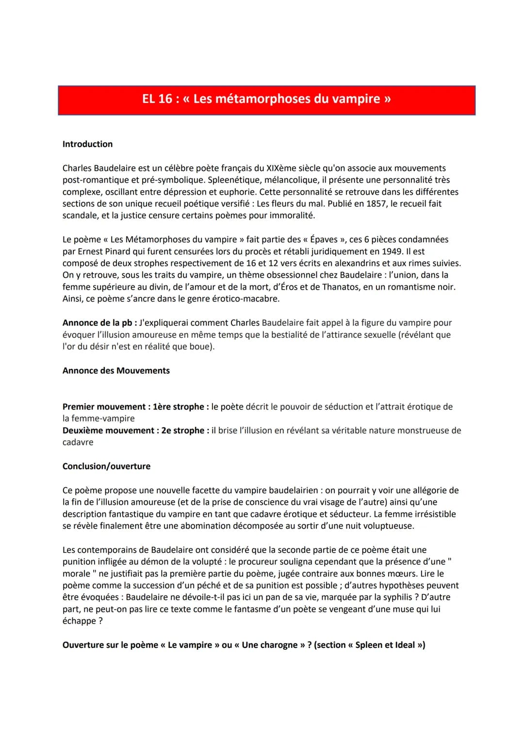 Introduction
EL 16 : « Les métamorphoses du vampire >>
Charles Baudelaire est un célèbre poète français du XIXème siècle qu'on associe aux m