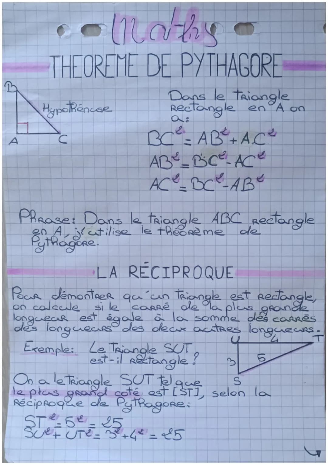 A
Mathy
THEOREME DE PYTHAGORE
Hypothénuse
C
Dans le triangle
Rectangle en A on
a:
BC²=AB²²+ AC²
AB²-BC² Ace
AC²-BC²-ABE
Phrase: Dans le tria