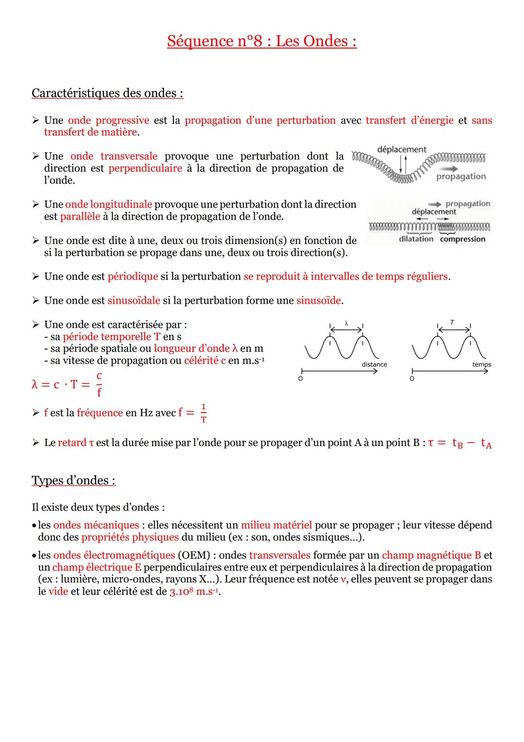 Séquence n°8 : Les Ondes :
Caractéristiques des ondes :
➤ Une onde progressive est la propagation d'une perturbation avec transfert d'énergi