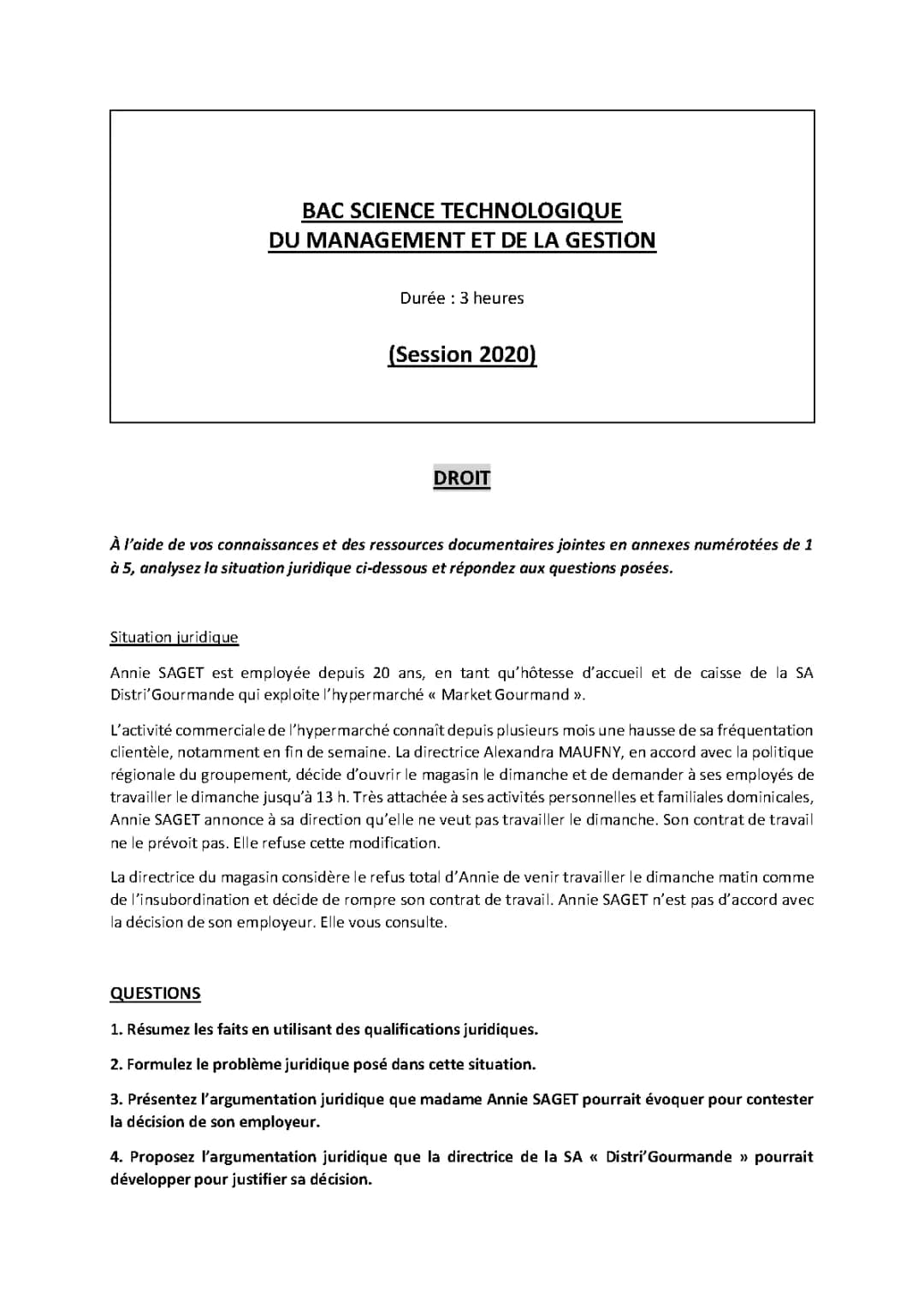 Sujets et corrigés Bac Eco Droit STMG 2018-2021