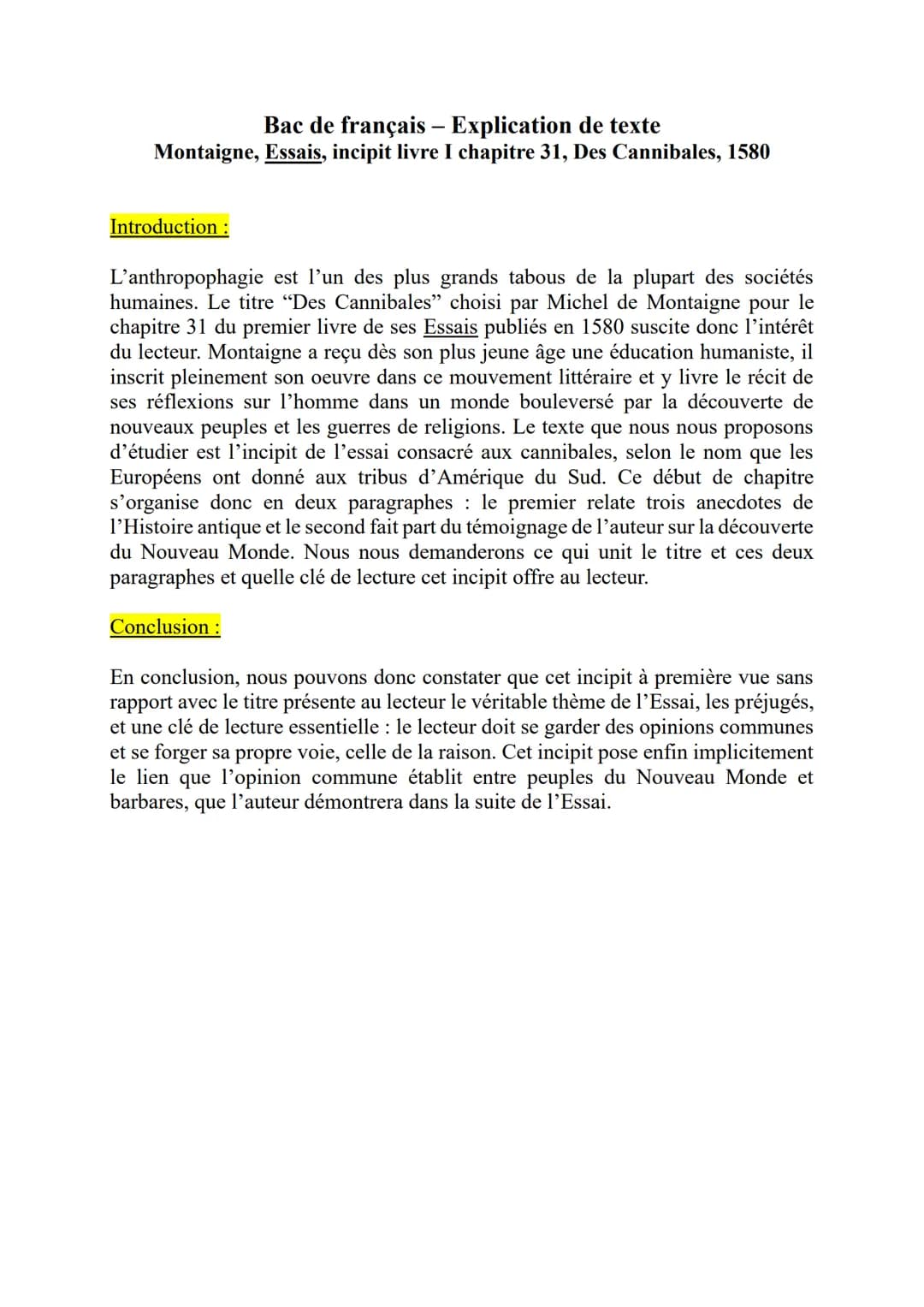 Bac de français - Explication de texte
Montaigne, Essais, incipit livre I chapitre 31, Des Cannibales, 1580
Introduction:
L'anthropophagie e