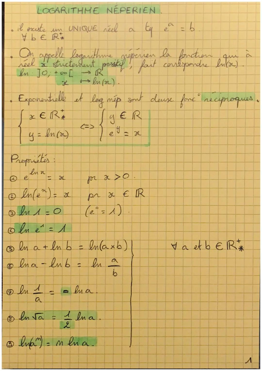 # LOGARITHME NEPERIEN.

• il existe un UNIQUE réel $a$ toq $e^{a} = b$

$Y b \epsilon R_{+}^{*}$

• On appelle logarithme néperien la foncti