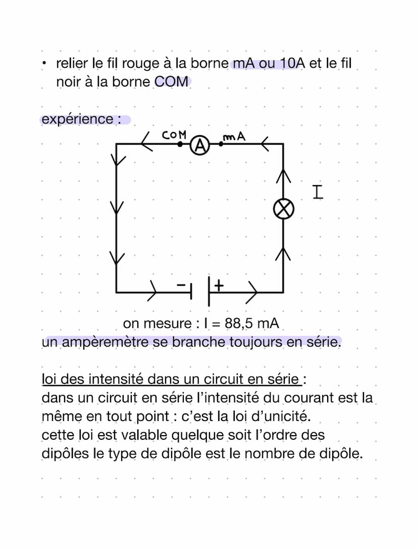 physique chimie
L'INTENSITÉ DU COURANT ÉLECTRIQUE
symbole et unités
ampère = A
kiloampère = KA
milliampère = mA
intensité = 1
ampèremètre -
