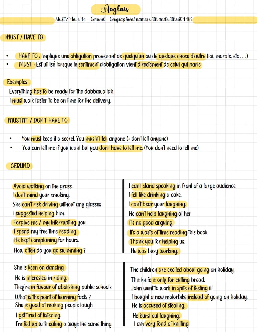 MUST / HAVE TO
●
Anglais
Must/Have To-Gerund - Geographical names with and without THE
HAVE TO : Implique une obligation provenant de quelqu