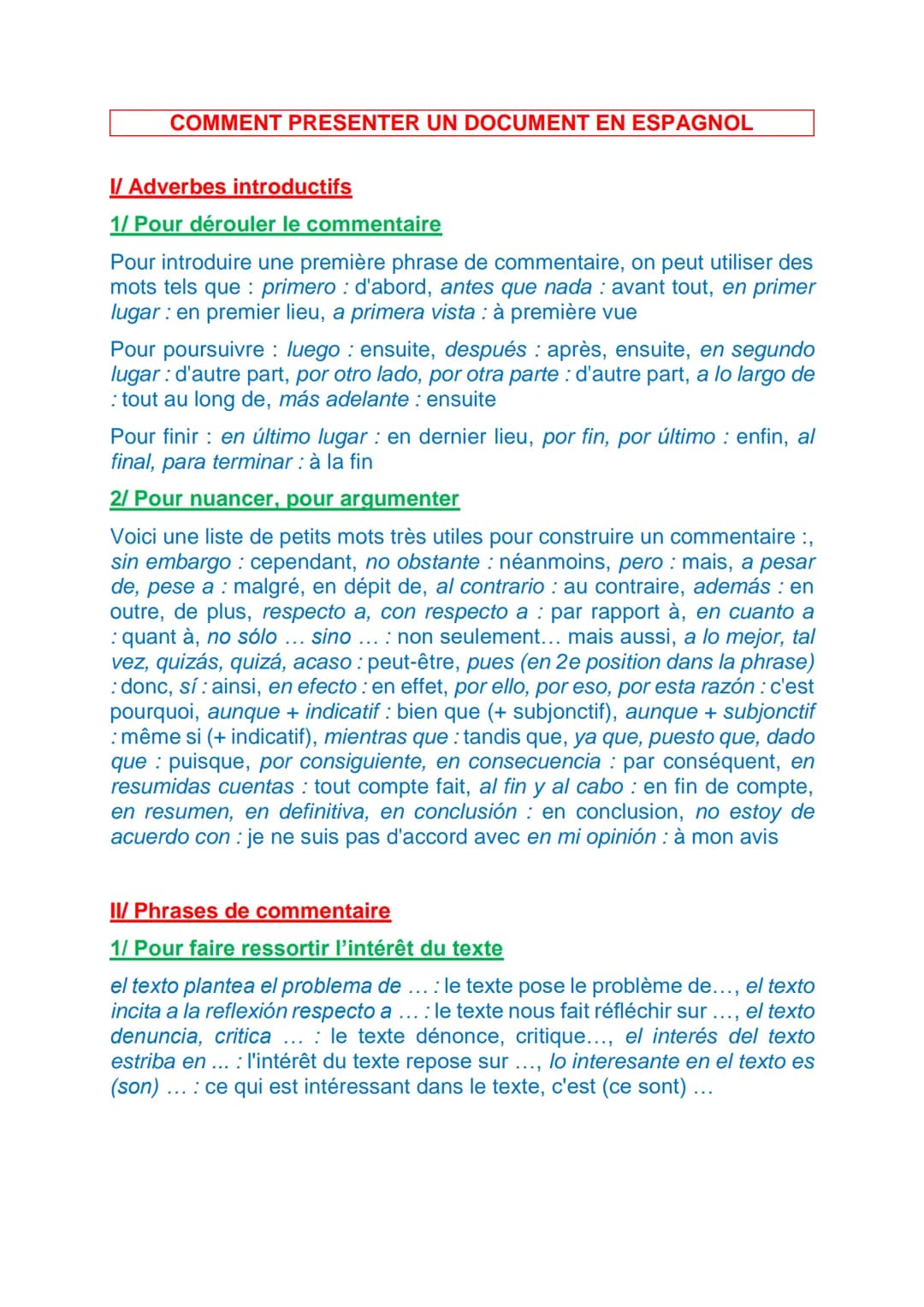 COMMENT PRESENTER UN DOCUMENT EN ESPAGNOL
I/ Adverbes introductifs
1/ Pour dérouler le commentaire
Pour introduire une première phrase de co