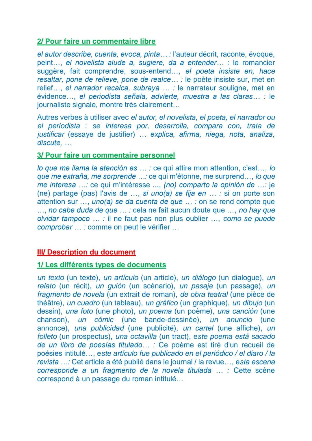 COMMENT PRESENTER UN DOCUMENT EN ESPAGNOL
I/ Adverbes introductifs
1/ Pour dérouler le commentaire
Pour introduire une première phrase de co