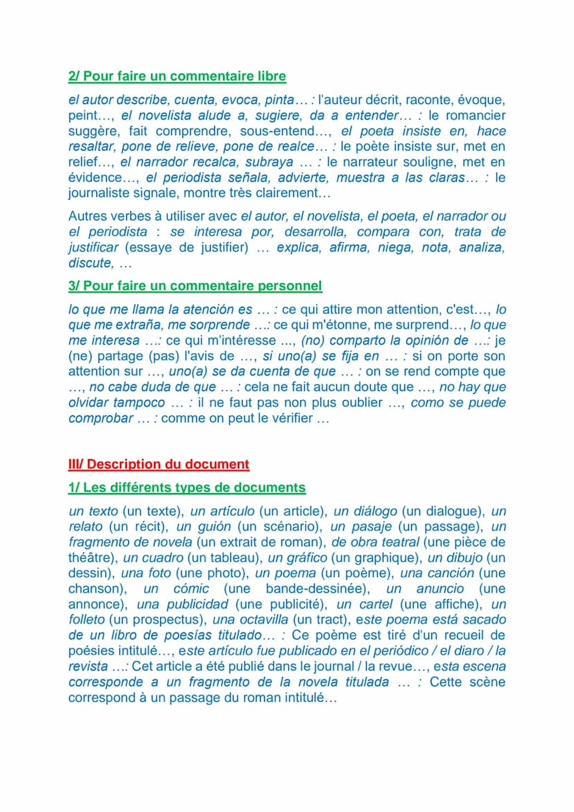 COMMENT PRESENTER UN DOCUMENT EN ESPAGNOL
I/ Adverbes introductifs
1/ Pour dérouler le commentaire
Pour introduire une première phrase de co
