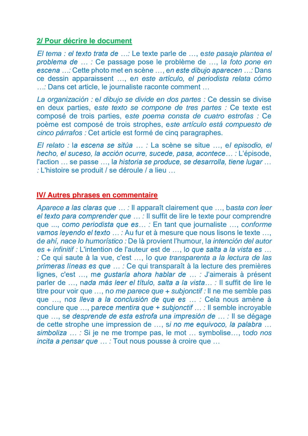 COMMENT PRESENTER UN DOCUMENT EN ESPAGNOL
I/ Adverbes introductifs
1/ Pour dérouler le commentaire
Pour introduire une première phrase de co