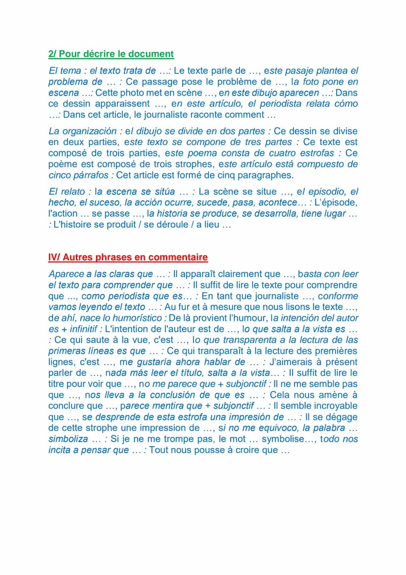 COMMENT PRESENTER UN DOCUMENT EN ESPAGNOL
I/ Adverbes introductifs
1/ Pour dérouler le commentaire
Pour introduire une première phrase de co
