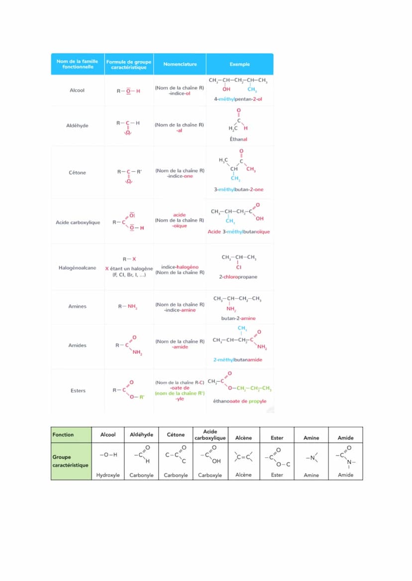Nom de la famille
caractéristique
Acides carboxyliques
Esters
Amides
Aldéhydes
Cétones
Alcool
Amines
Familles de
composés organique
Akane
Al
