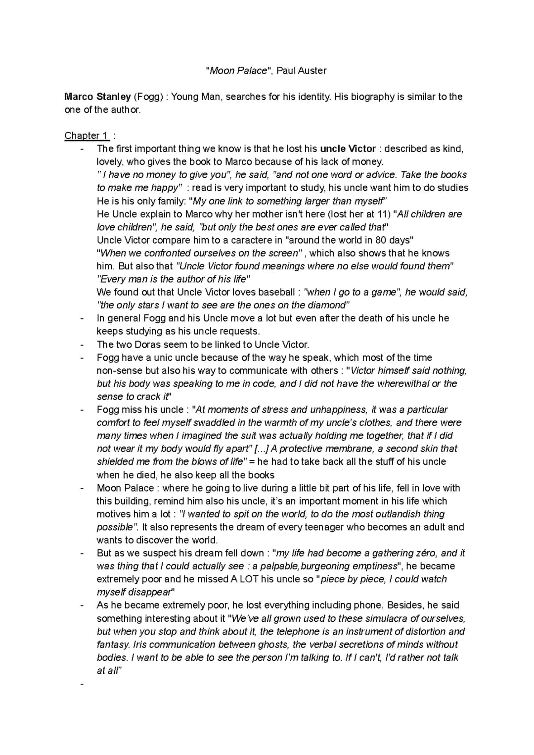 Moon Palace: Summary and Analysis Chapter by Chapter