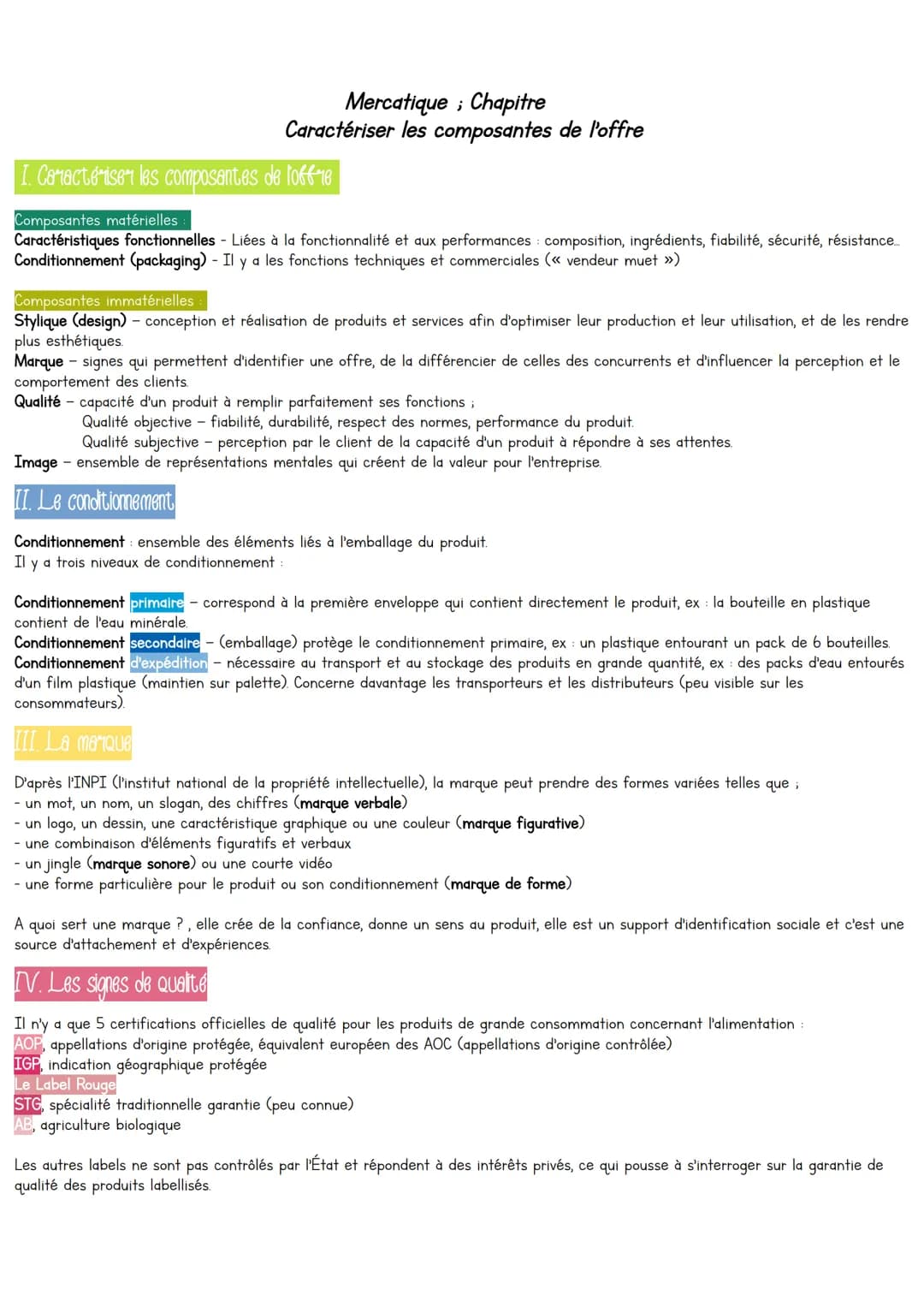 Mercatique Chapitre
Caractériser les composantes de l'offre
;
I. Caractériser les composantes de foffre
Composantes matérielles
Caractéristi