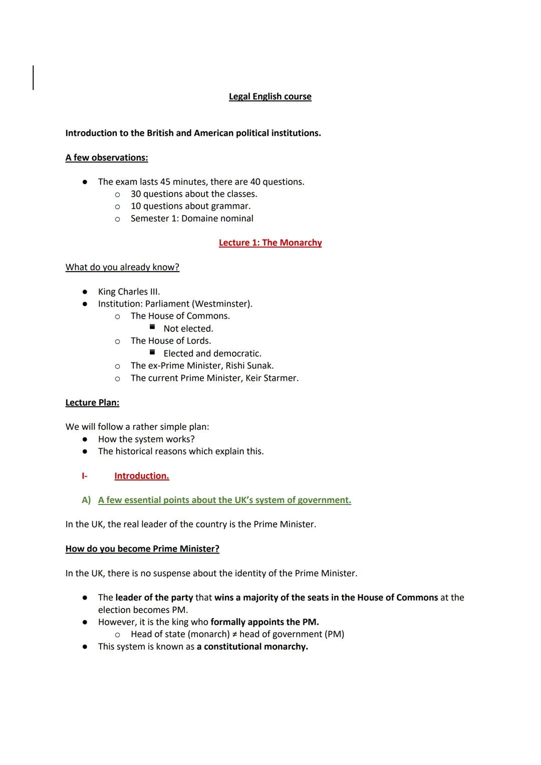 Legal English course
Introduction to the British and American political institutions.
A few observations:
The exam lasts 45 minutes, there a