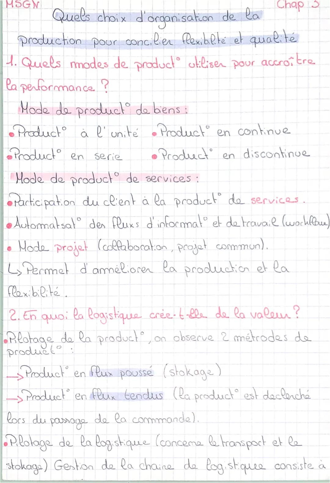 MSGN
Chap 3
Quels choix d'organisation de la
Production pour concilier flexibilité et qualité
1. Quels modes de product utiliser pour accroî