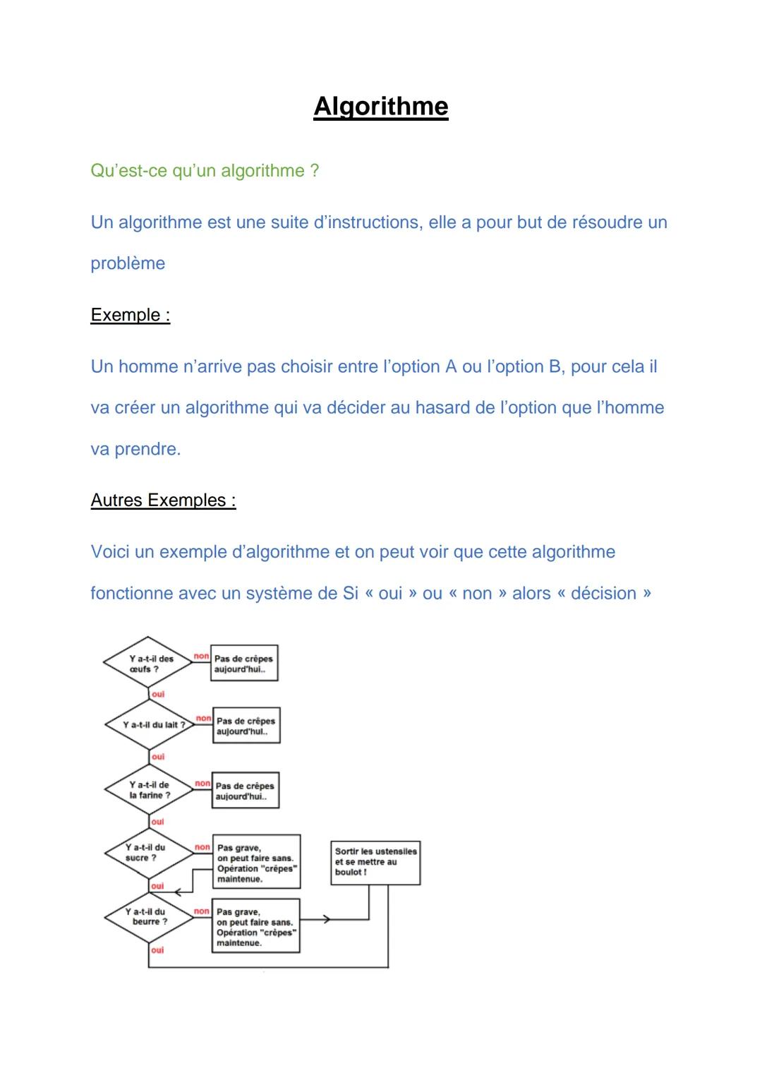 # Algorithme

Qu'est-ce qu'un algorithme ?

Un algorithme est une suite d'instructions, elle a pour but de résoudre un
problème

Exemple:

U