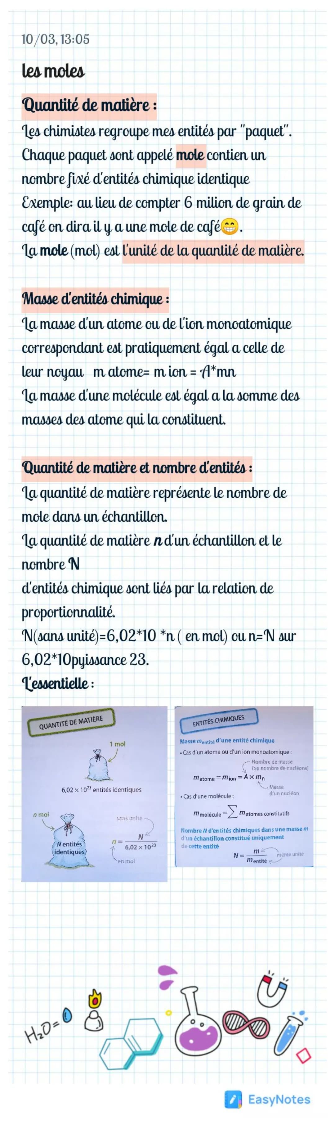 10/03, 13:05
les moles
Quantité de matière:
Les chimistes regroupe mes entités par "paquet".
Chaque paquet sont appelé mole contien un
nombr