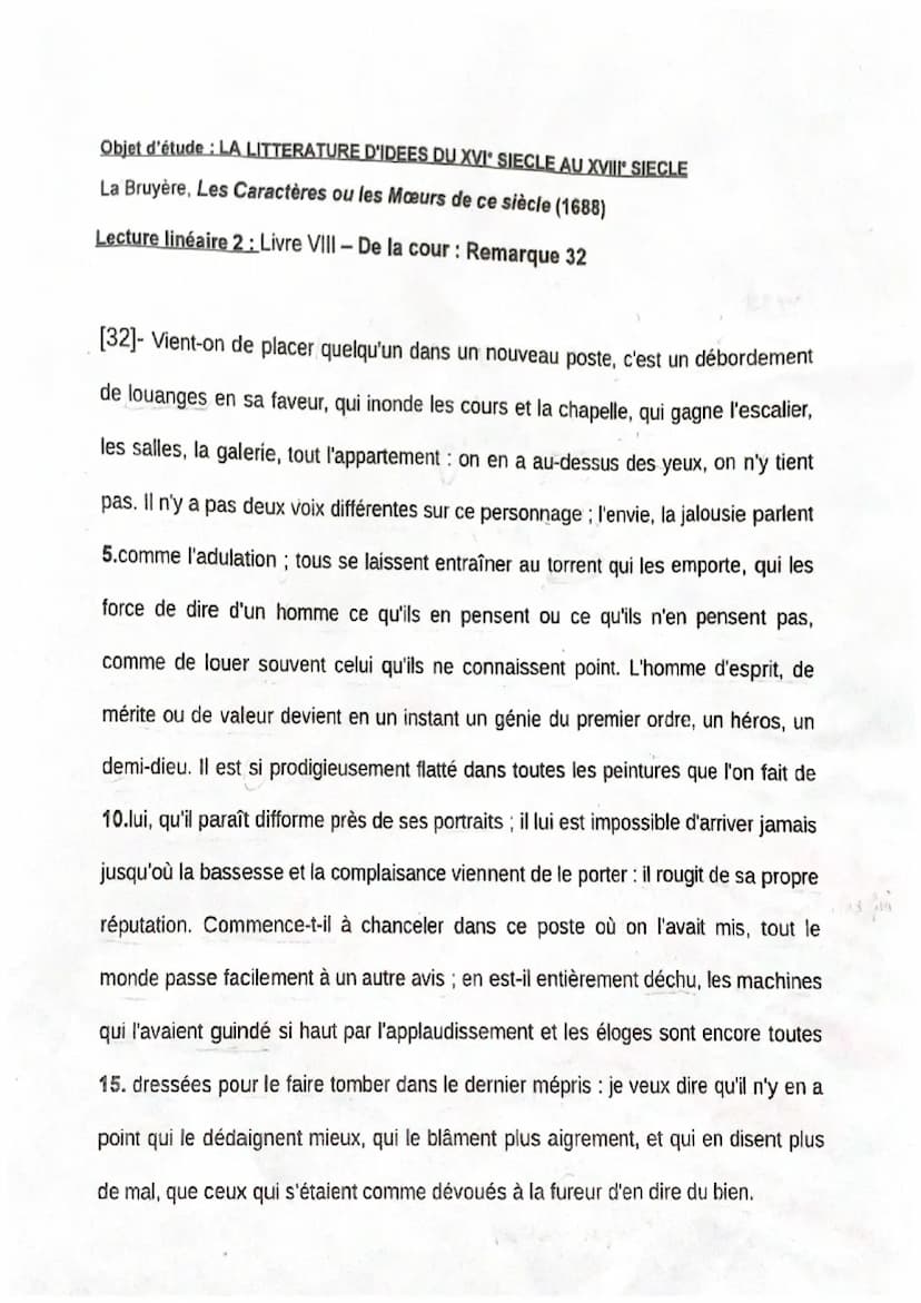 Lecture linéaire 2: Livre VIII-De la Cour : Remarque 32
INTRODUCTION:
Les Caractères publié entre 1688 et 1696 par Jean de LB s'inscrit dans