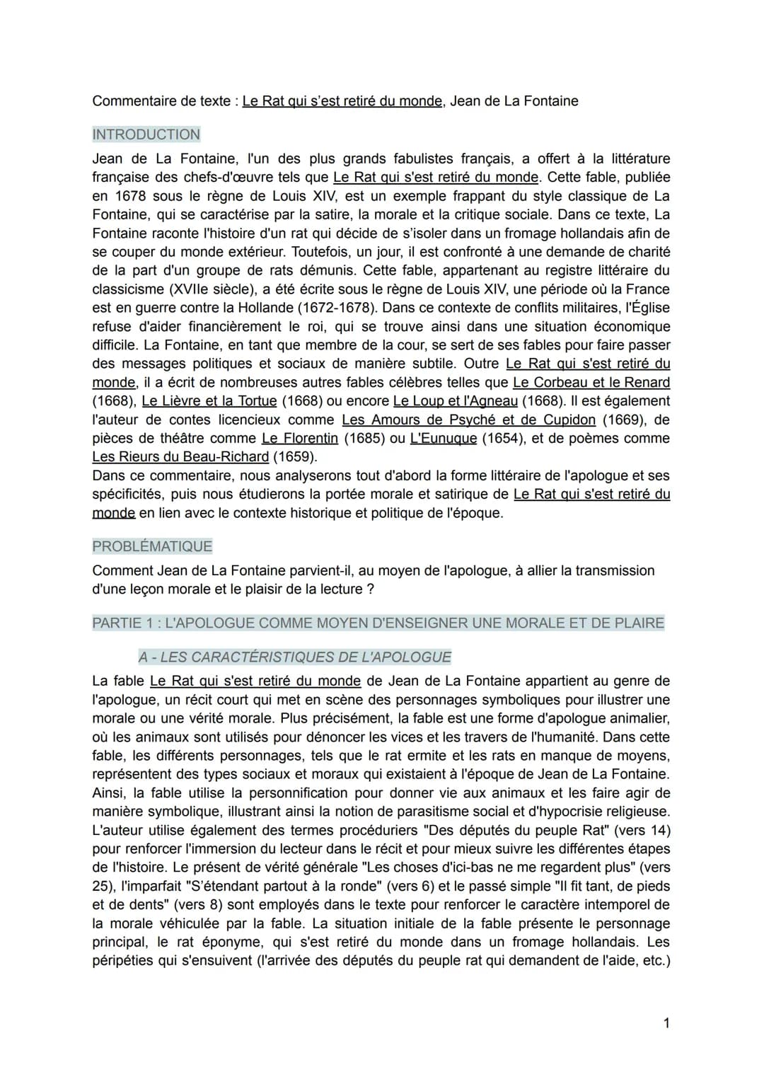 Commentaire de texte : Le Rat qui s'est retiré du monde, Jean de La Fontaine
INTRODUCTION
Jean de La Fontaine, l'un des plus grands fabulist