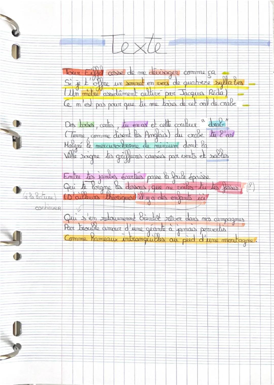 Forme Fixe / Sonnet
-> Quatrains / Tercets
14 syllabes

Texte 12:
À la tour Eiffel

Oljet d'étude : da poésie du XIXe au XXIe siècle

Parcou