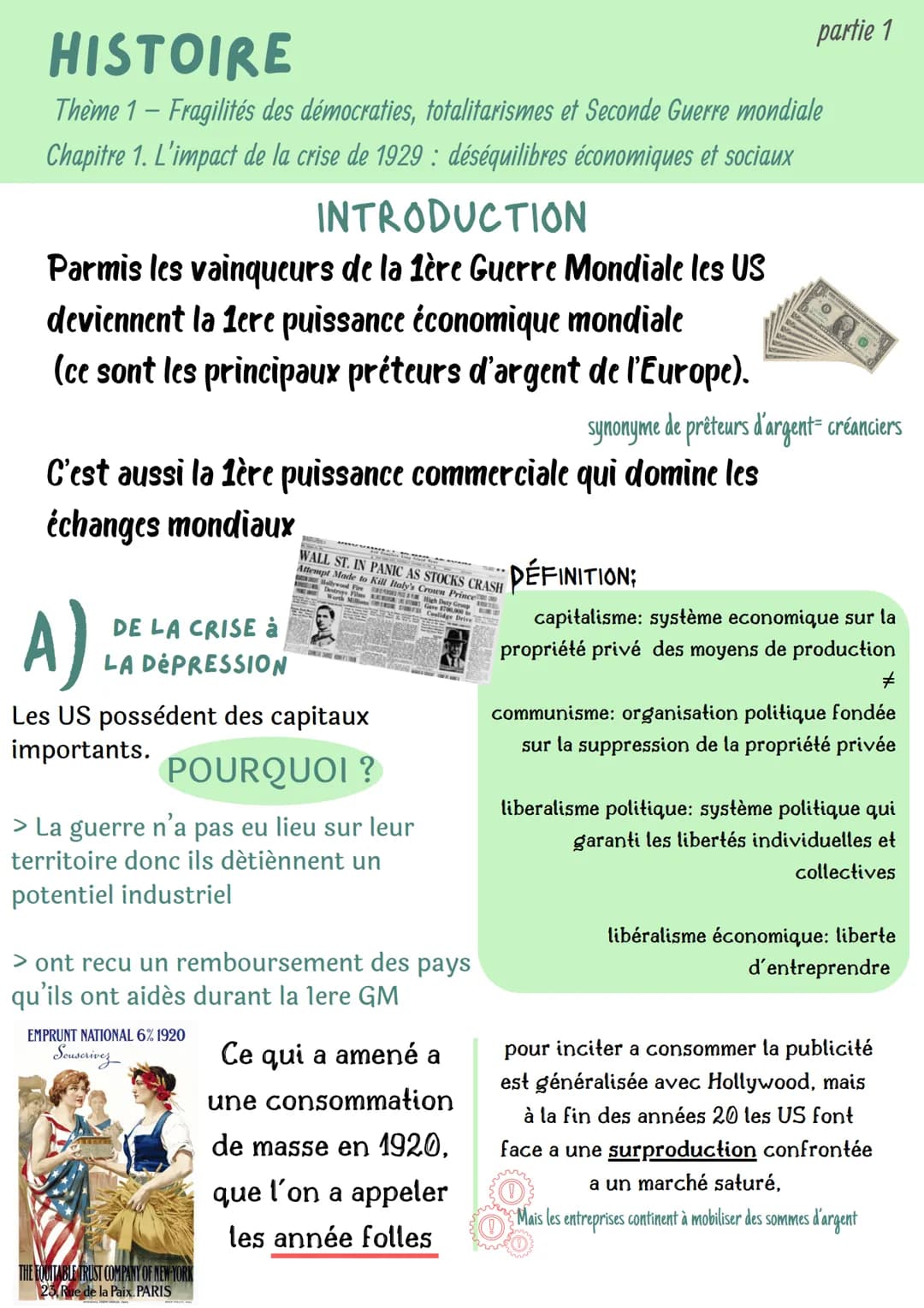 HISTOIRE
Theme 1 - Fragilités des démocraties, totalitarismes et Seconde Guerre mondiale
Chapitre 1. L'impact de la crise de 1929 : déséquil