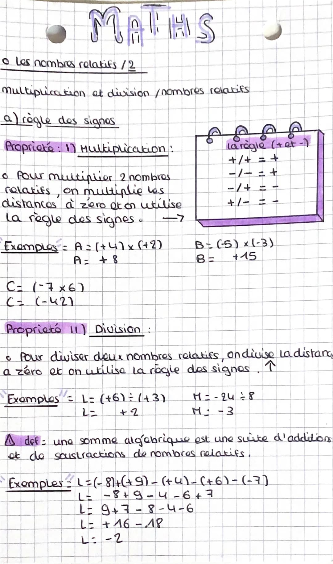 MAINS S
• Les nombres relatifs /2
multiplication et division / nombres relatifs
a) règle des signos
Propriete: 1) Multiplication:
• Pour mul