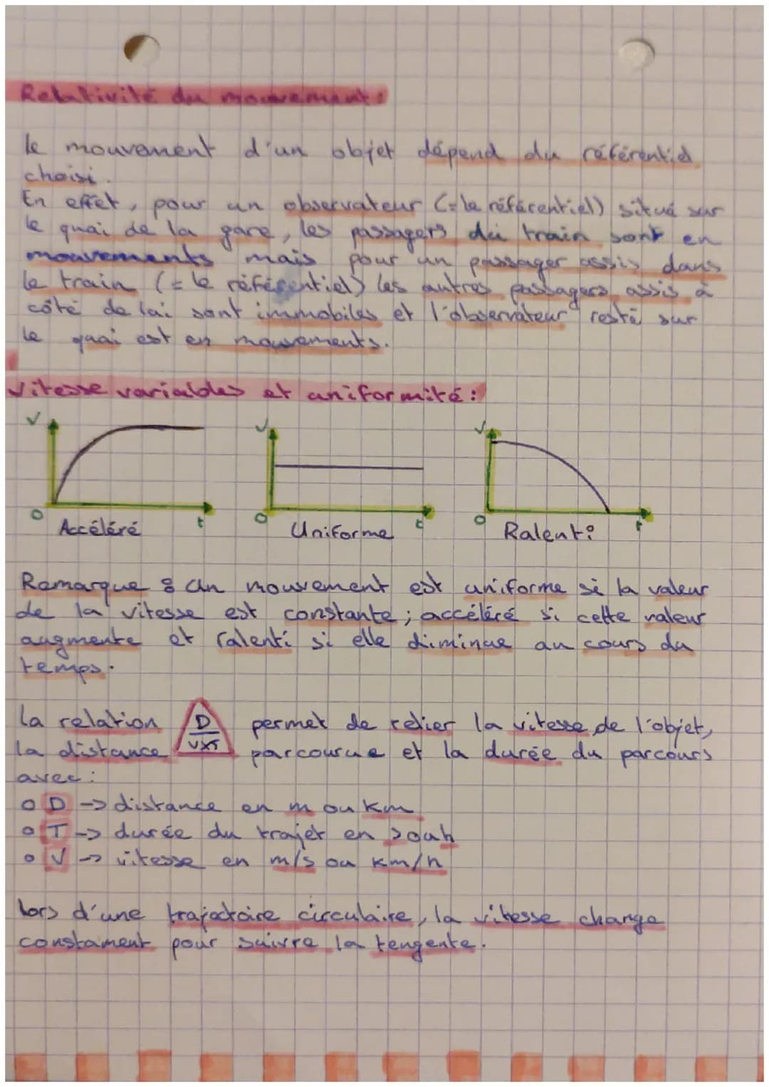VITESSE ET MOUVEMENT
Definitions :
vitesse: Par rapport à
un référentiel donne,
la vitesse d'un objet est
le rapport de la distance
parcouru