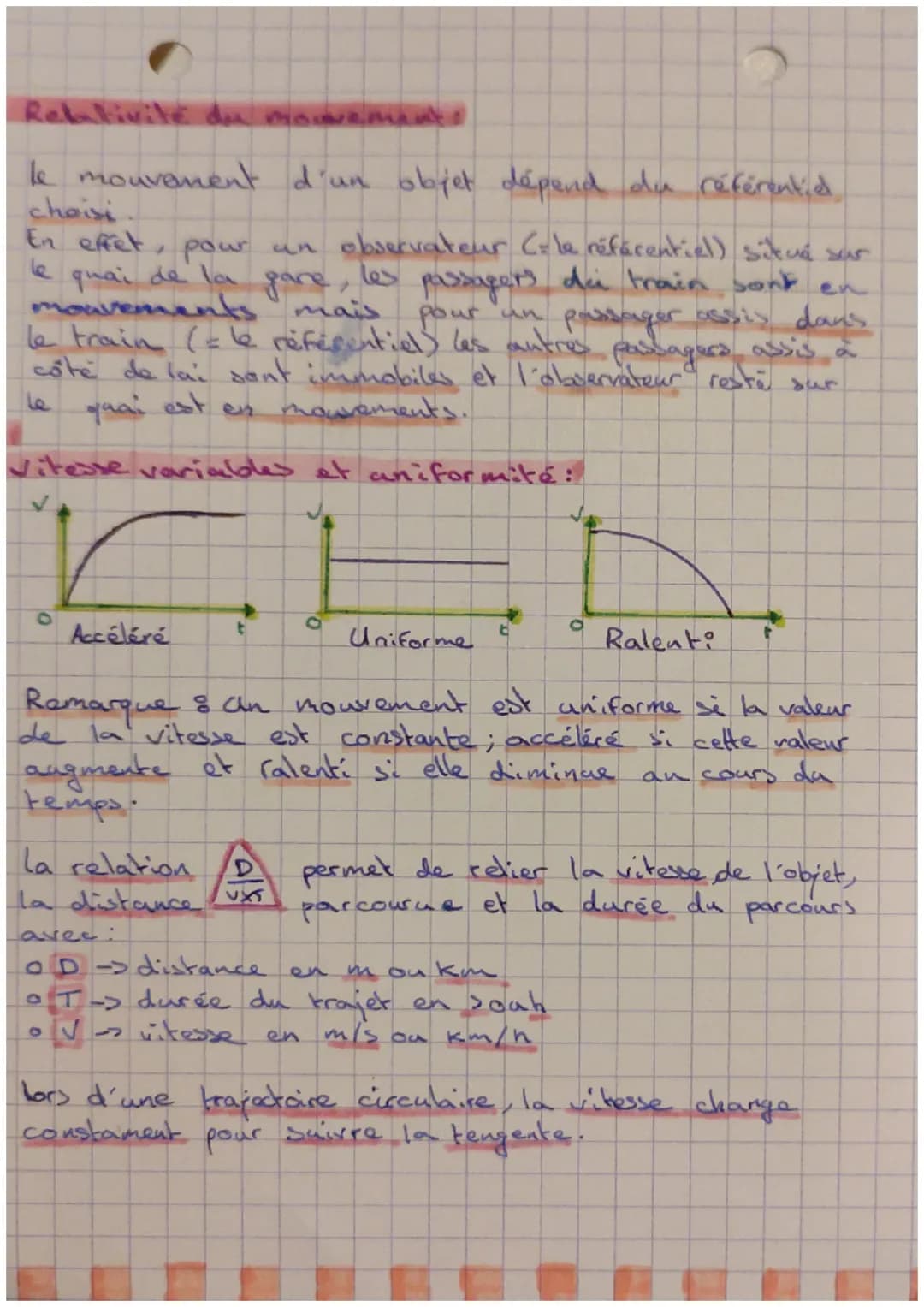 VITESSE ET MOUVEMENT
Definitions :
vitesse: Par rapport à
un référentiel donne,
la vitesse d'un objet est
le rapport de la distance
parcouru