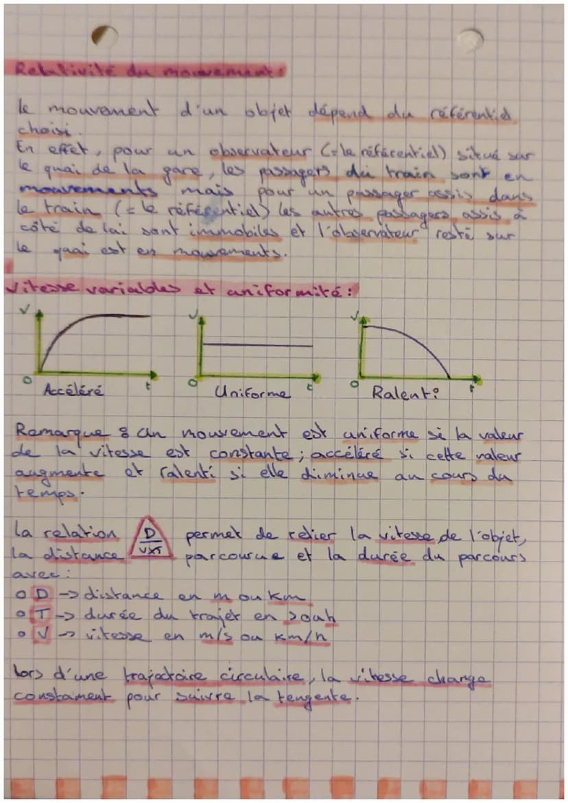 VITESSE ET MOUVEMENT
Definitions :
vitesse: Par rapport à
un référentiel donne,
la vitesse d'un objet est
le rapport de la distance
parcouru