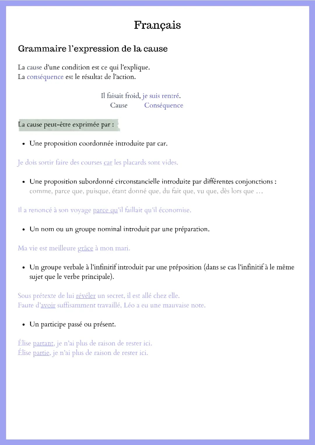 Grammaire l'expression de la cause Francais 