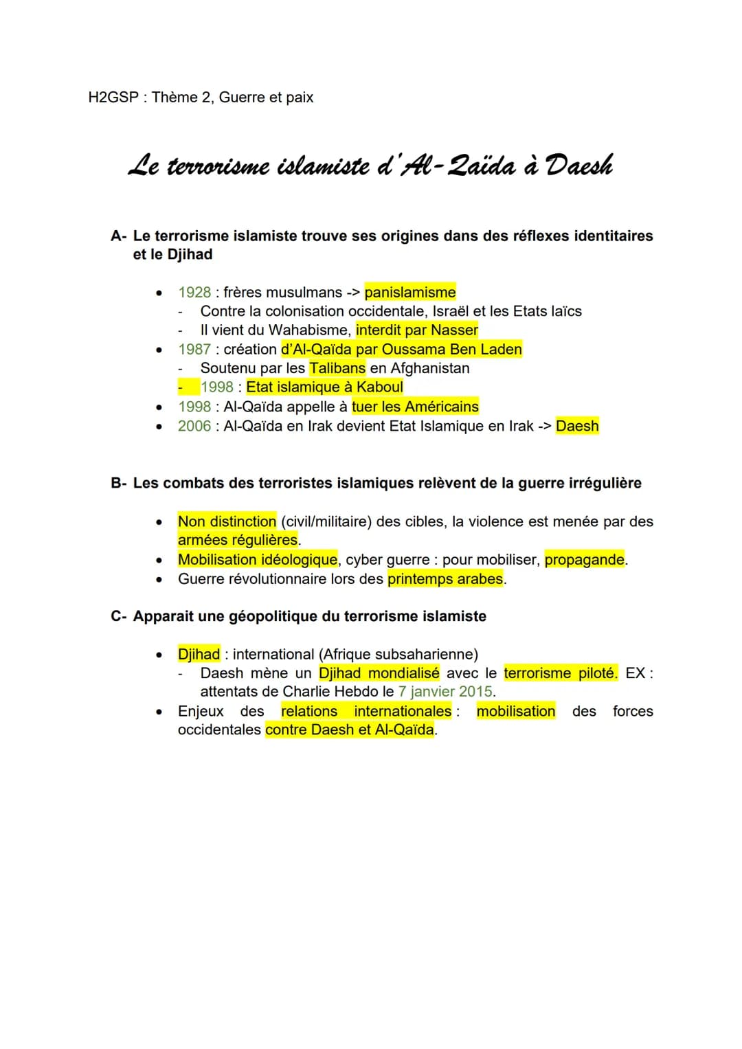 H2GSP Thème 2, Guerre et paix
Le terrorisme islamiste d'Al-Qaïda à Daesh
A- Le terrorisme islamiste trouve ses origines dans des réflexes id