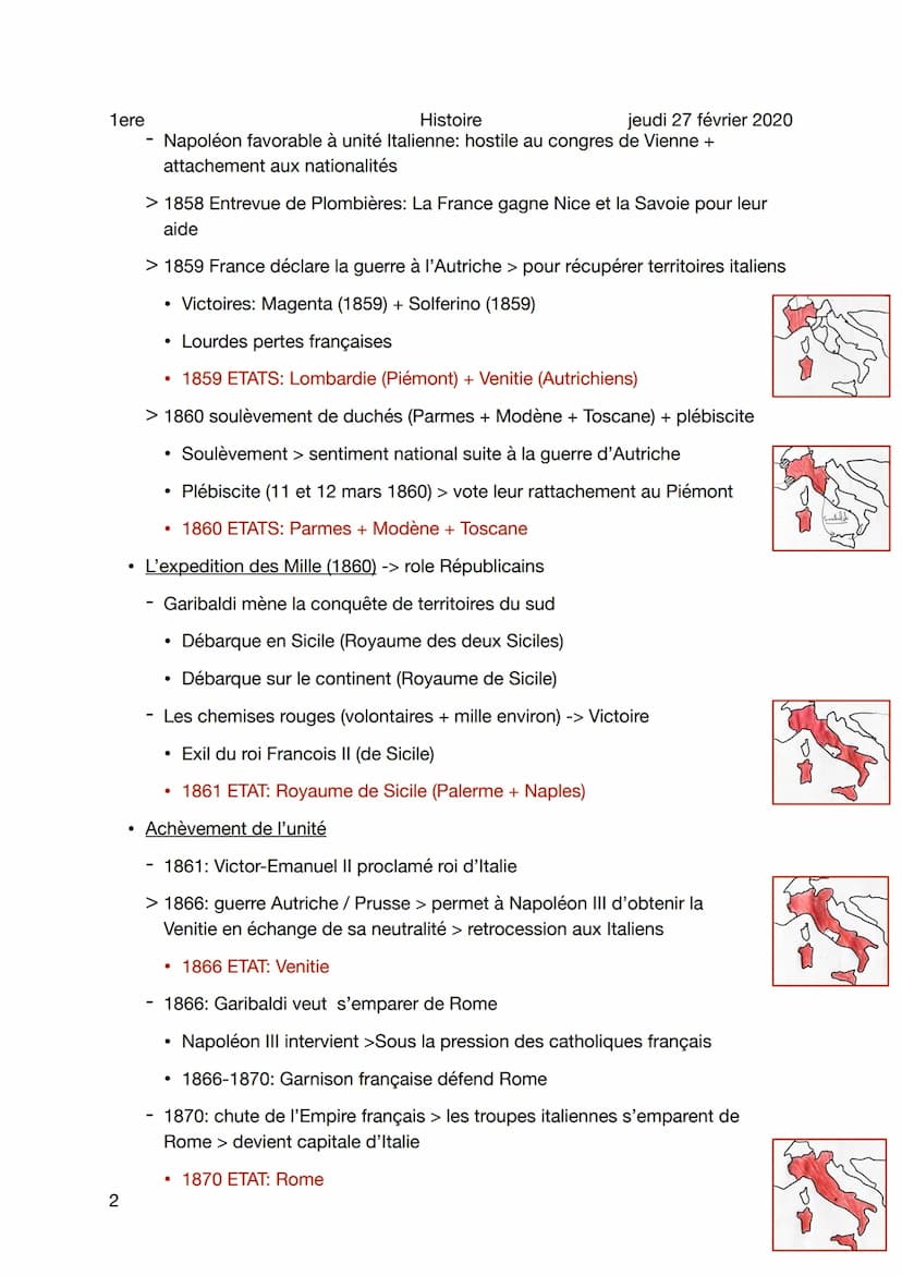 1ere
Histoire
L'unité Italienne 1859 - 1870
Sujet
- Situation de l'Italie
• Etats
●
1
●
- Italie morcelée en plusieurs états / royaumes + ce