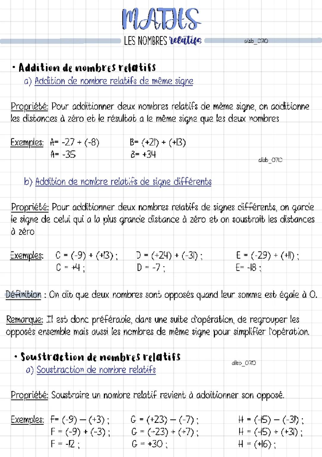 Exercices corrigés sur les nombres relatifs (5ème) : règles de calcul et fiche de révision