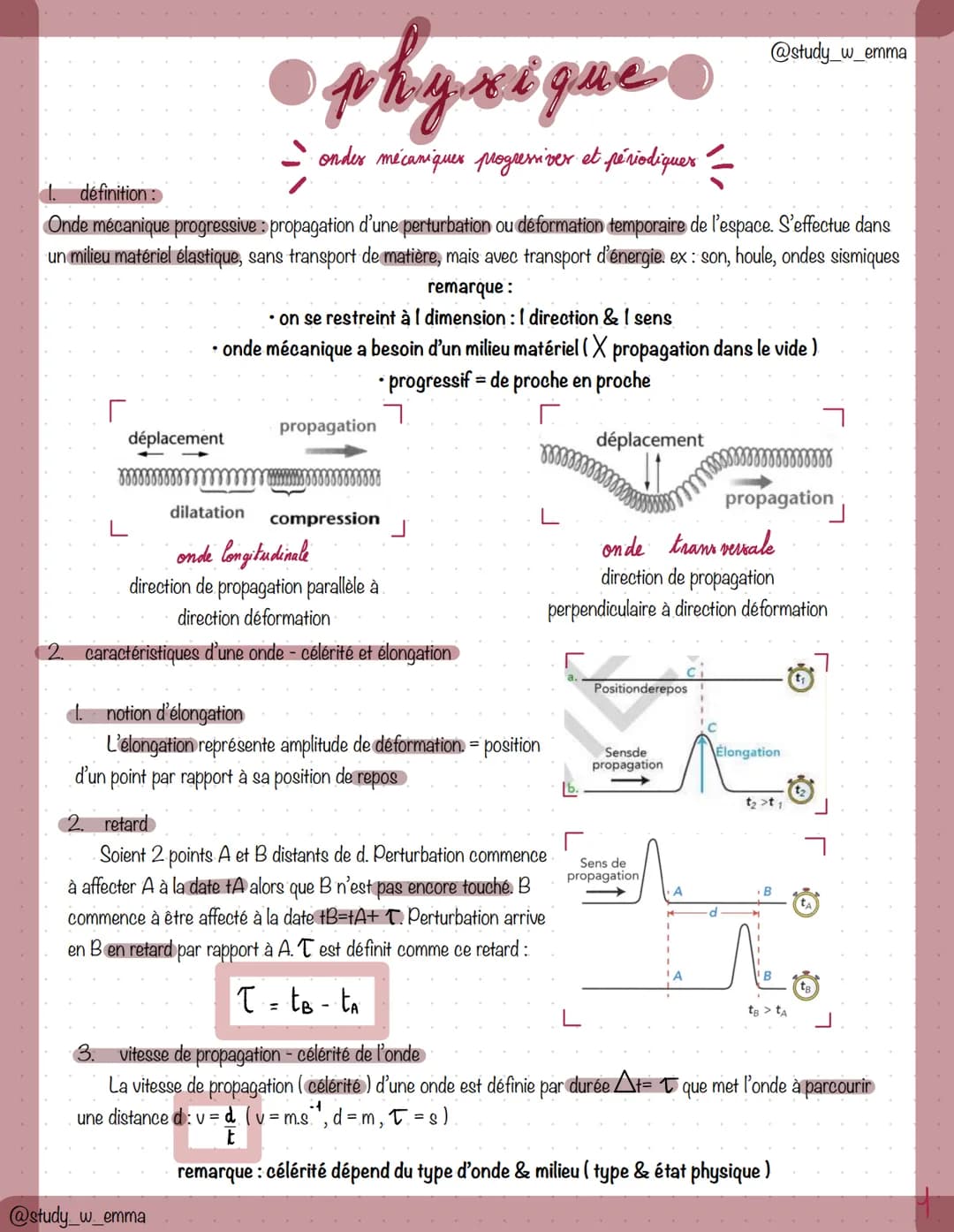1. définition:
Onde mécanique progressive propagation d'une perturbation ou déformation temporaire de l'espace. S'effectue dans
un milieu ma