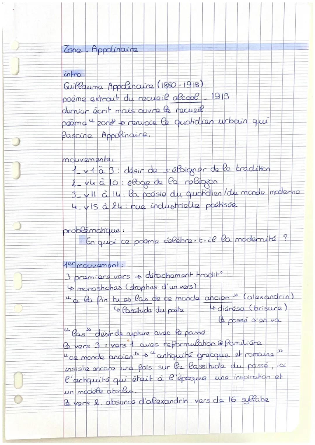 # Zone Appolinaire

intro
Guillaume Appolinaire (1880-1918)
poema extraut du recueil alcool - 1913
dernior écrit mais ouvre le recueil
poema