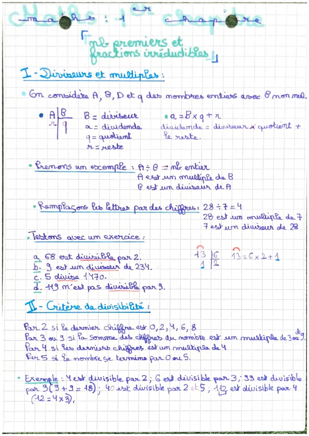 m
r
F
ob premiers et
fractions irriducibles /
I-Diviseurs et multiples:
·
• 6m considera A, B, D et q des nombres entiers avec 8 mon mul.
AB