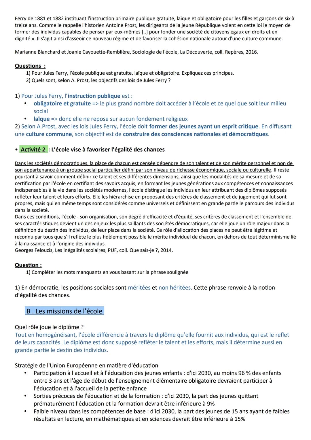Chapitre 9 - Quelle est l'action de l'École sur les destins individuels et sur l'évolution
de la société ?
A la fin du chapitre, vous devez 