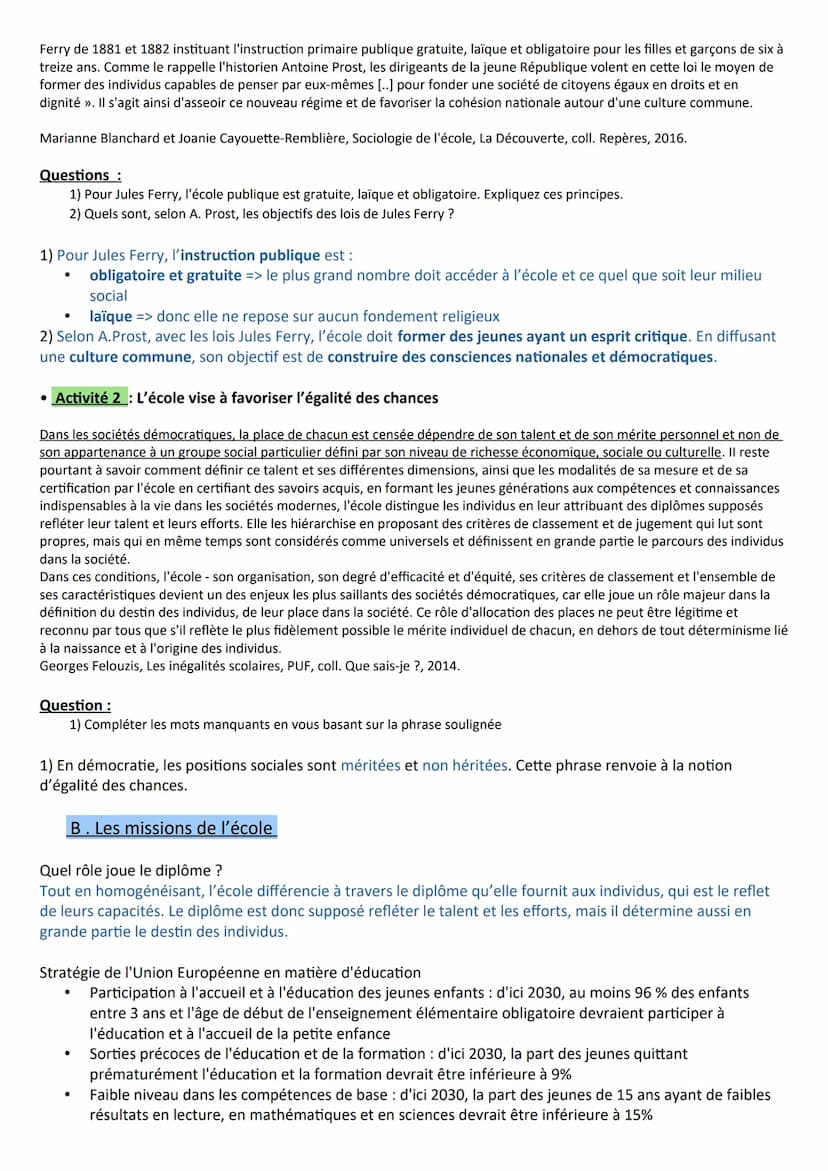 Chapitre 9 - Quelle est l'action de l'École sur les destins individuels et sur l'évolution
de la société ?
A la fin du chapitre, vous devez 