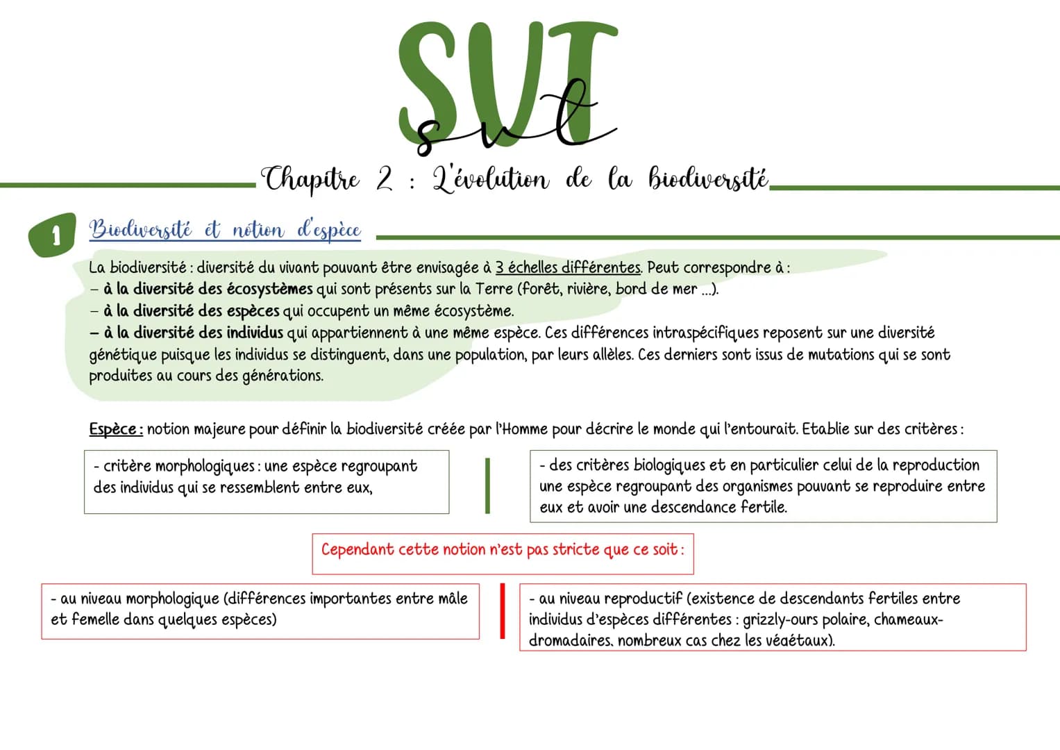 1
SUT
Chapitre 2 : L'évolution de la biodiversité.
Biodiversité et notion d'espèce
La biodiversité : diversité du vivant pouvant être envisa